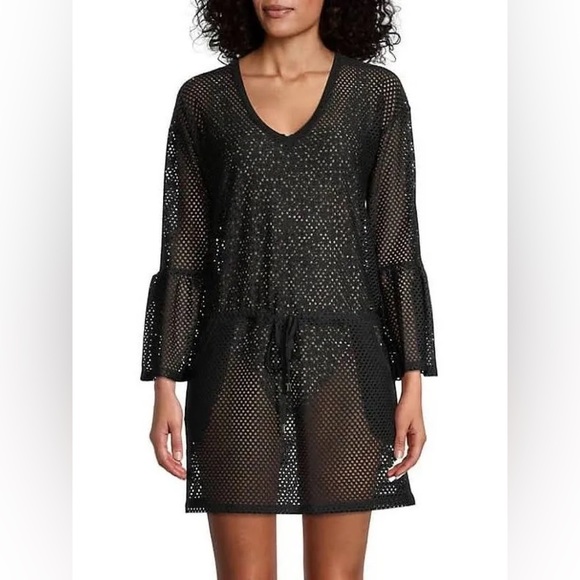 CALVIN KLEIN black sheer mesh swimsuit coverup bell sleeves large - Picture 4 of 11